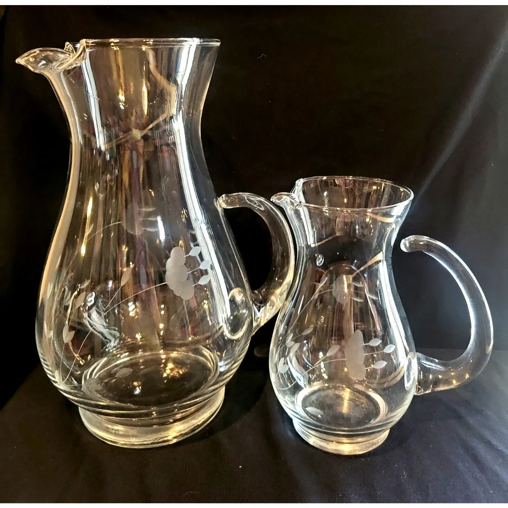 Set of 2 Princess House Heritage Crystal 6 & 10” Pitchers applied handle ice lip